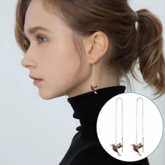 New Gold-Tone & Dark Red/Green Crystal Hummingbird Threaders w/Silver-Tone Chain - Picture 2 of 5